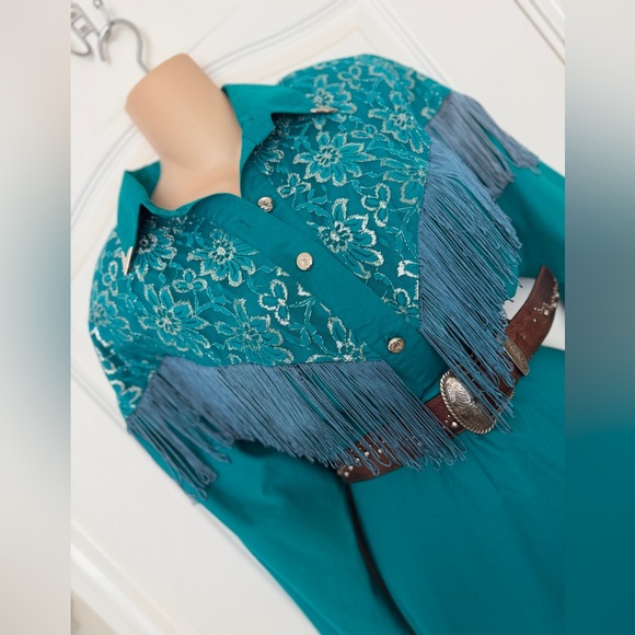 VTG 80s Lilia Guilty Smitty Smith Teal Green Fringed Western Cowgirl Maxi Dress - Picture 5 of 13